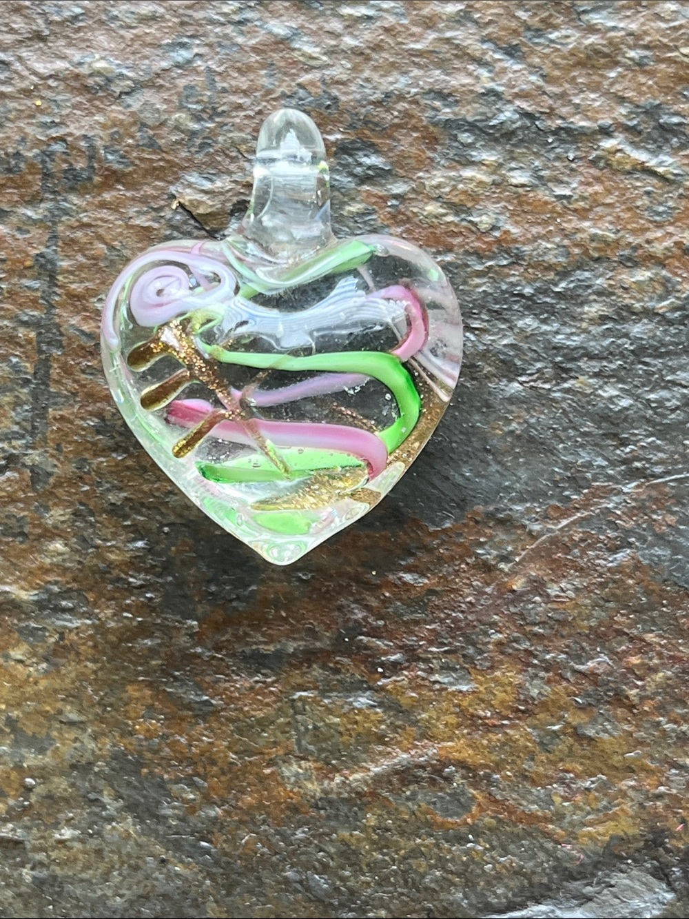 Handmade Glass Heart Pendant Necklace - Pink & Green with Gold Accents